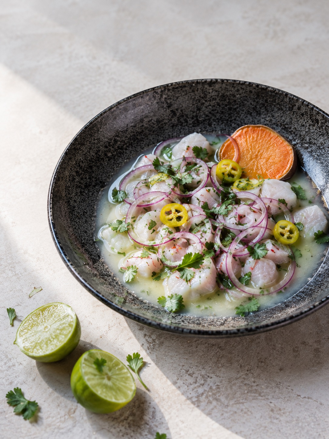 Ceviche servido en un cuenco de cerámica