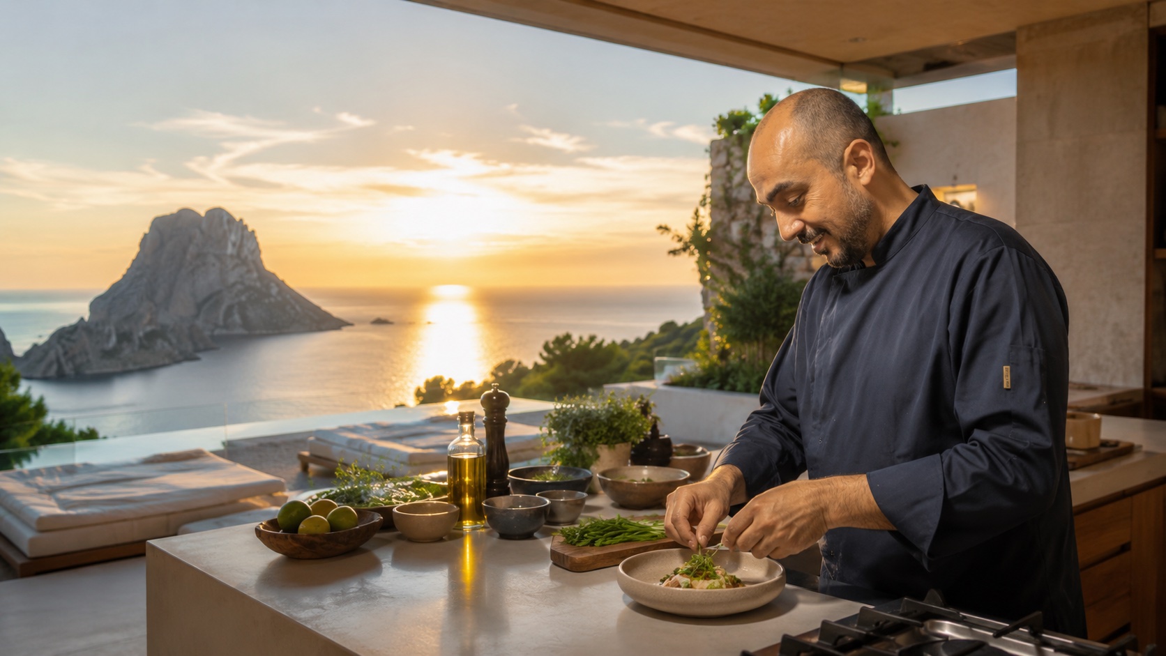 Carlos Gutiérrez emplatando en una terraza frente al mar en Ibiza